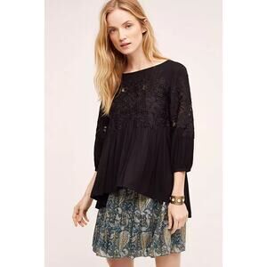 Anthropologie Deletta Desi‎ Blouse Black Embroidered Small